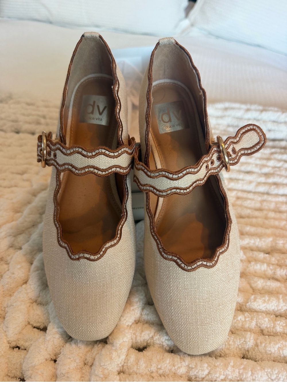DV by Dolce Vita Cream Mary Jane Heels with Brown Trim